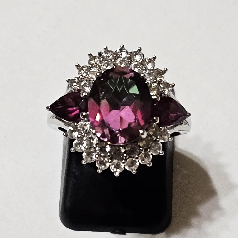 Genuine Watermelon Quartz & Multi Gemstone Ring Platinum over 925 Sz 6! - Picture 12 of 13